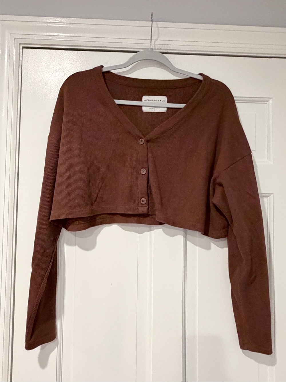 Aeropostale Ribbed Cropped Henley Top XS Brown Long Sleeve